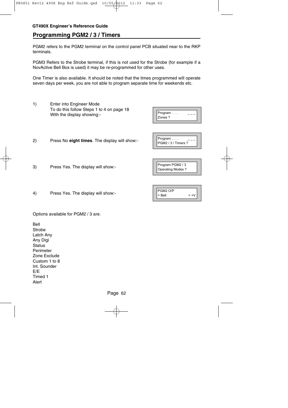 Programming pgm2 / 3 / timers | RISCO Group Gardtec 490X User Manual | Page 63 / 108