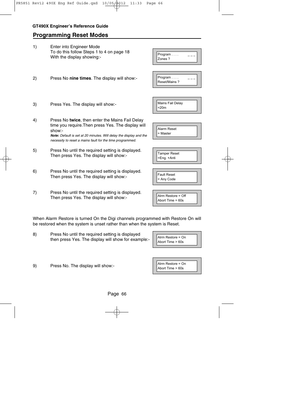 Programming reset modes | RISCO Group Gardtec 490X User Manual | Page 67 / 108