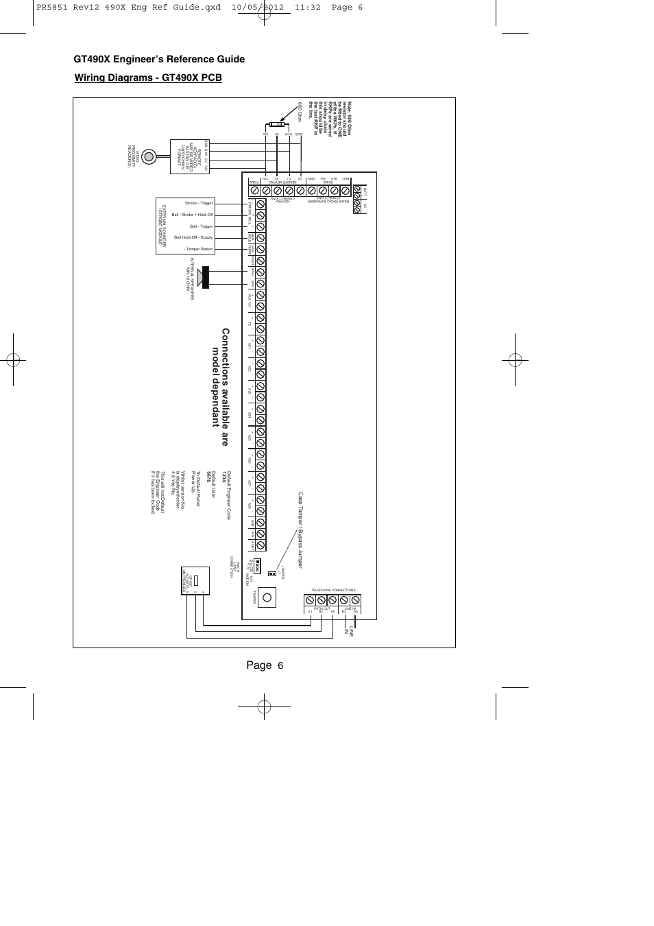 Page, Wiring diagrams - gt490x pcb, 6gt490x engineer’s reference guide | Connections available are model dependant | RISCO Group Gardtec 490X User Manual | Page 7 / 108