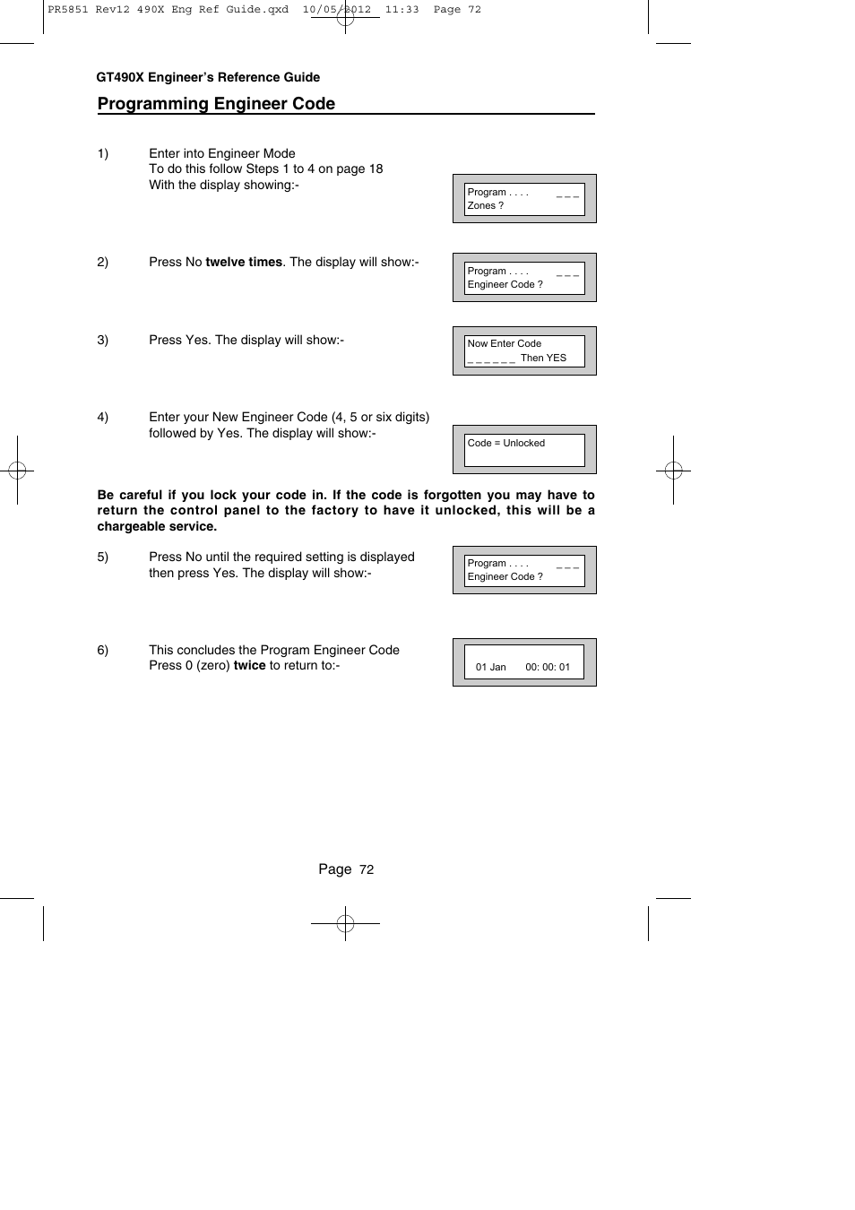 Programming engineer code | RISCO Group Gardtec 490X User Manual | Page 73 / 108