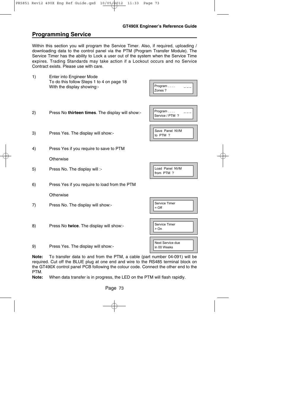 Programming service | RISCO Group Gardtec 490X User Manual | Page 74 / 108