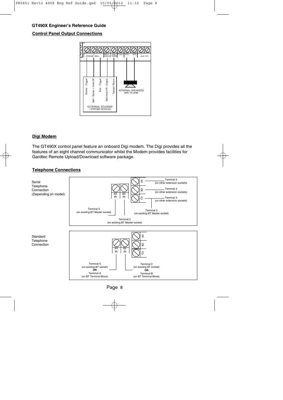Page, Telephone connections, 8gt490x engineer’s reference guide | RISCO Group Gardtec 490X User Manual | Page 9 / 108