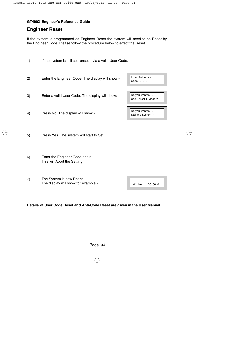 Engineer reset | RISCO Group Gardtec 490X User Manual | Page 95 / 108