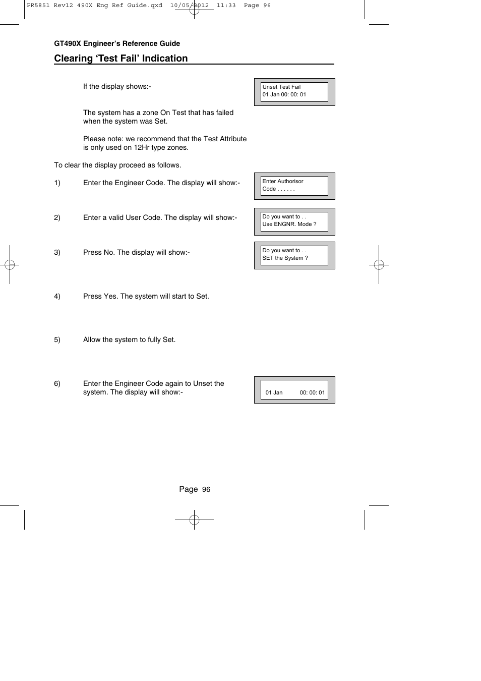 Clearing ‘test fail’ indication | RISCO Group Gardtec 490X User Manual | Page 97 / 108