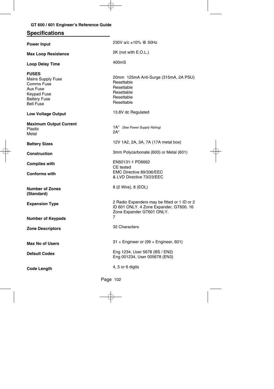 Specifications | RISCO Group Gardtec GT600 User Manual | Page 104 / 128