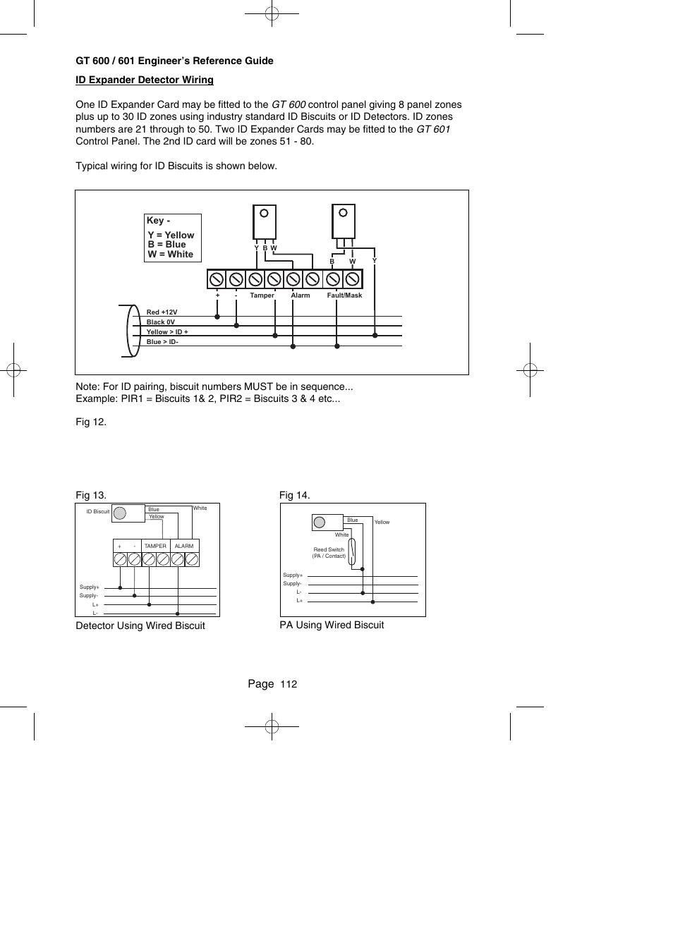 Page, Detector using wired biscuit, Pa using wired biscuit | Y = yellow b = blue w = white key | RISCO Group Gardtec GT600 User Manual | Page 114 / 128