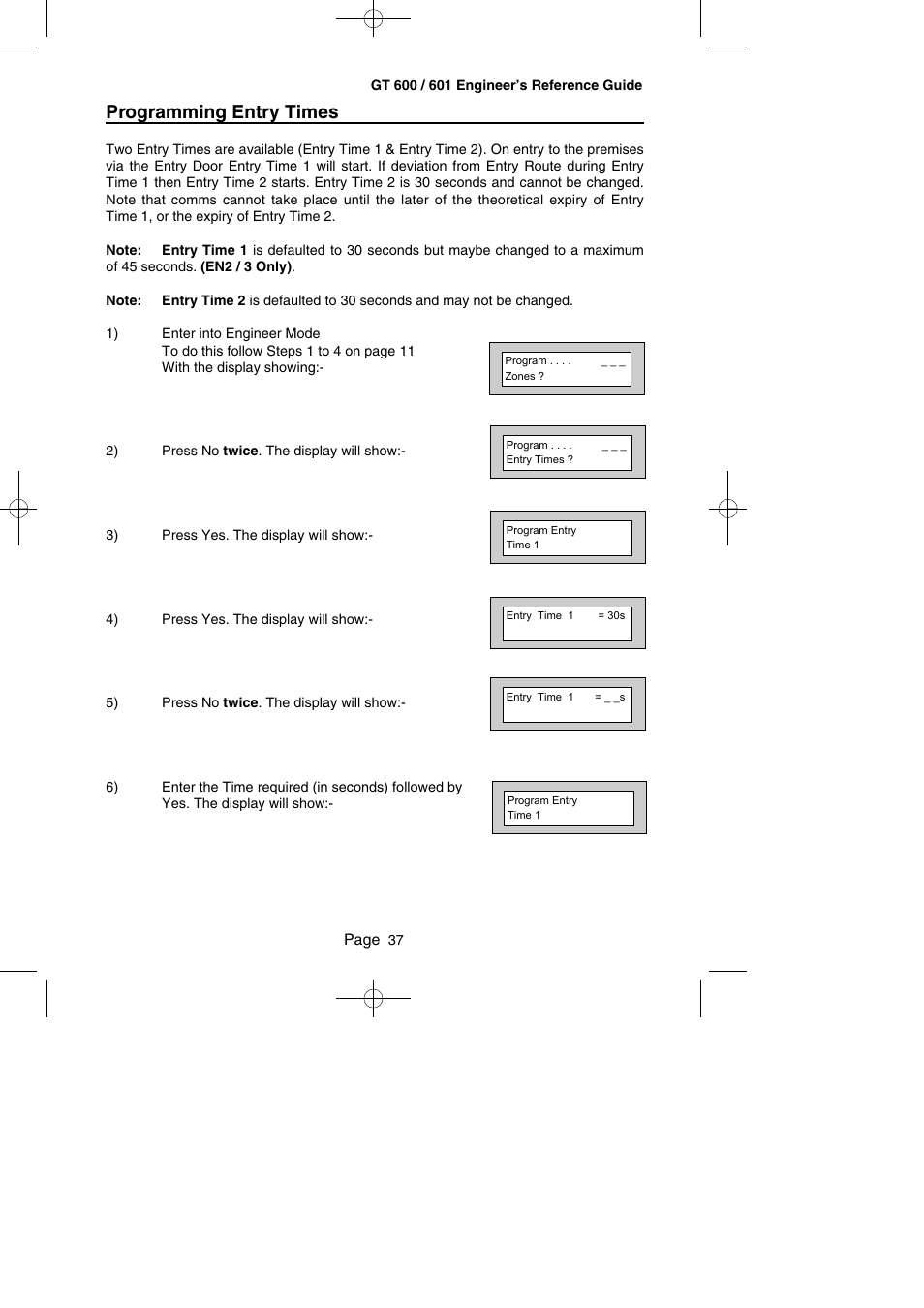 Programming entry times | RISCO Group Gardtec GT600 User Manual | Page 39 / 128