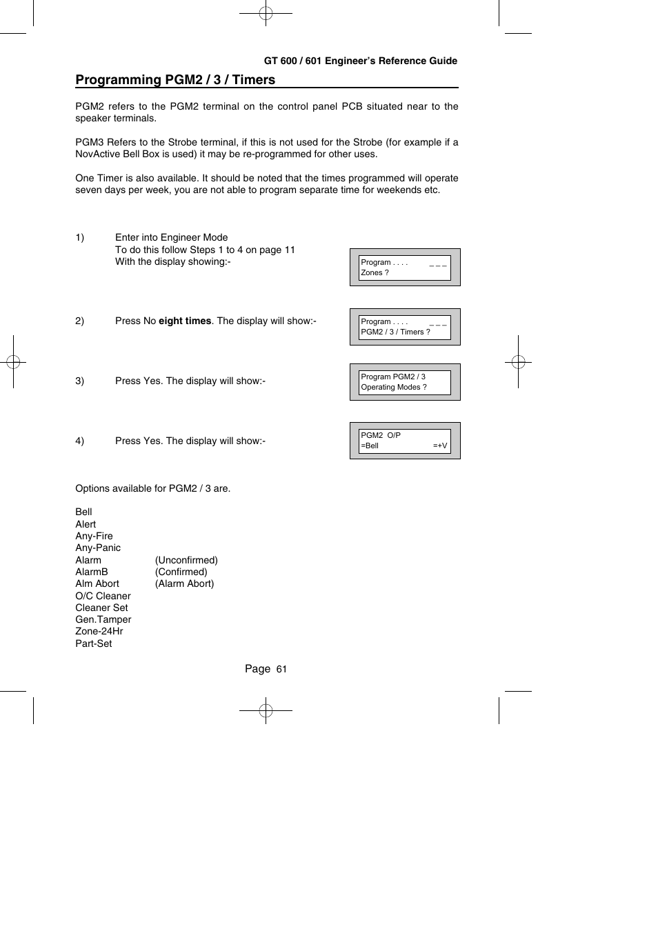 Programming pgm2 / 3 / timers | RISCO Group Gardtec GT600 User Manual | Page 63 / 128