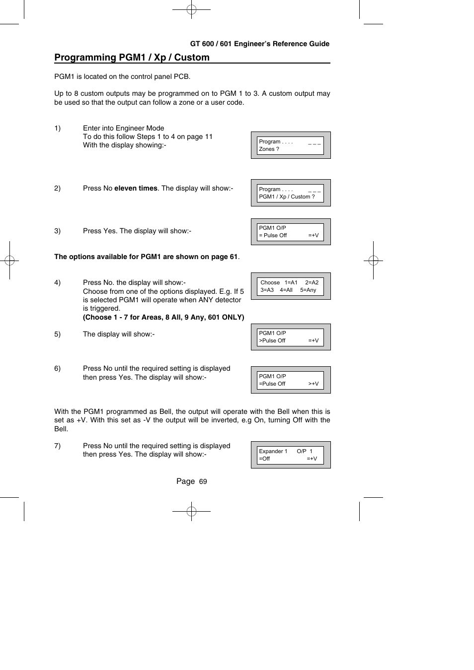 Programming pgm1 / xp / custom | RISCO Group Gardtec GT600 User Manual | Page 71 / 128