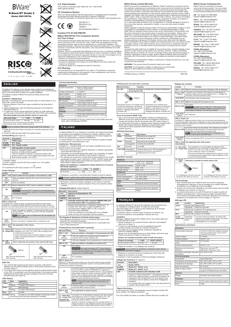 RISCO Group BWare K-Band DT Grade 2 User Manual | 2 pages
