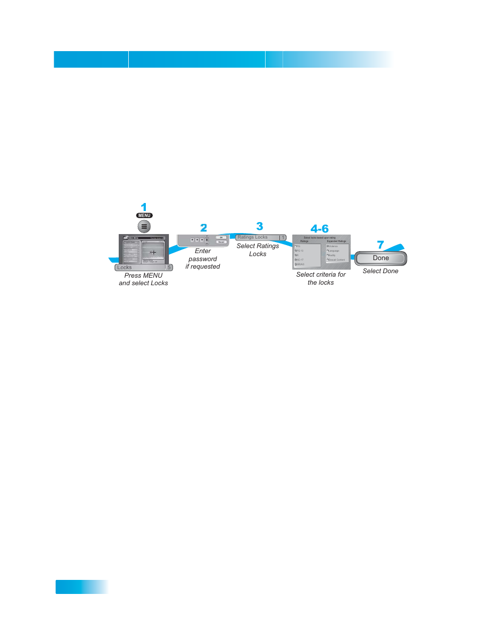 Reating, Hanging, Atings | Ocks, Creating or changing ratings locks, Chapter 6, Press menu and select locks, Enter password if requested | Dish Network DuoDVR ViP 722_TOC User Manual | Page 100 / 158