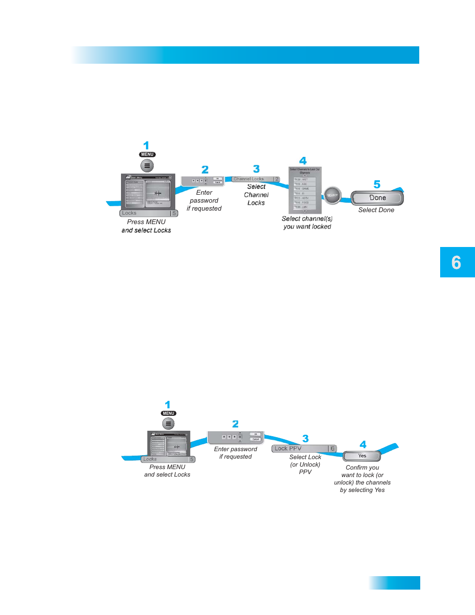 Reating, Hanging, Hannel | Ocks, Ocking, Nlocking, Hannels, Locking or unlocking pay-per-view channels, Locks, Creating or changing channel locks | Dish Network DuoDVR ViP 722_TOC User Manual | Page 101 / 158