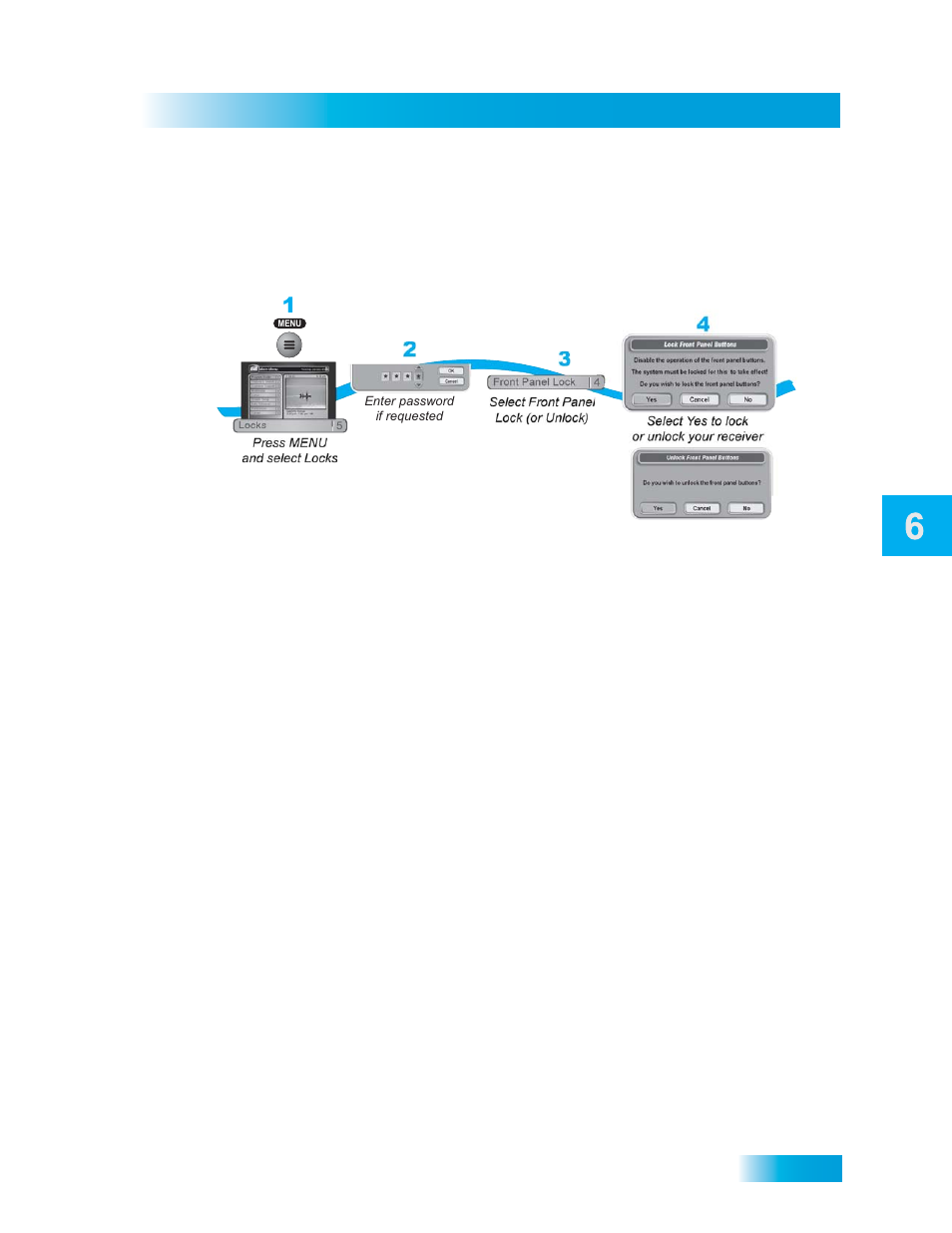 Ocking, Nlocking, Ront | Anel, Locks, Locking or unlocking the front panel, Enter password if requested | Dish Network DuoDVR ViP 722_TOC User Manual | Page 103 / 158