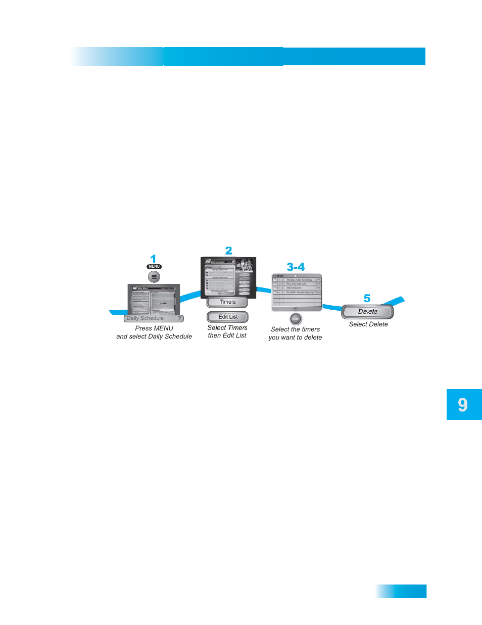 Eleting, Imer, Record future programs | Select done, Press menu and then select daily schedule, Select timers, Select edit list, Select the timers to delete, Select delete . the timer(s) are deleted | Dish Network DuoDVR ViP 722_TOC User Manual | Page 123 / 158
