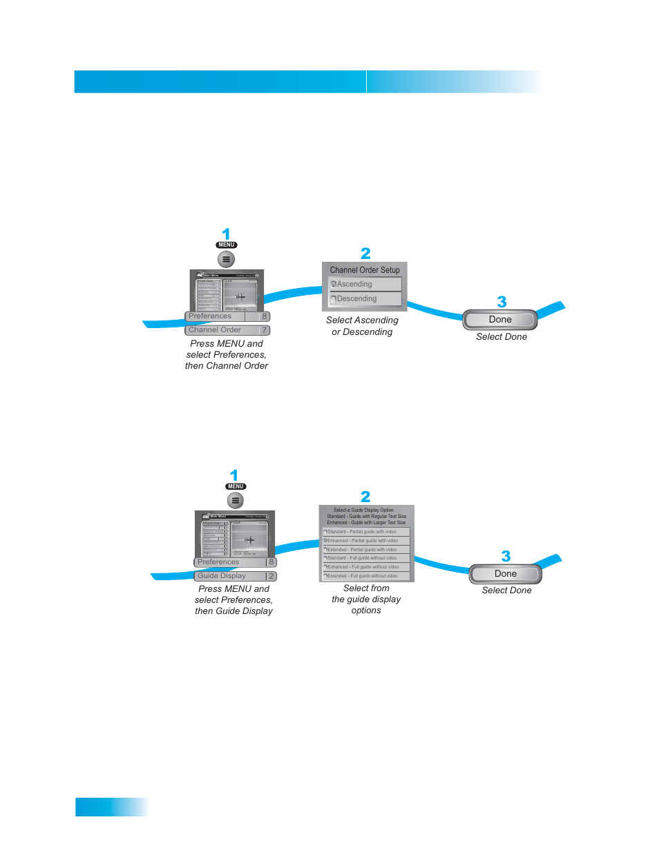 Hanging, Rogram, Uide | Rder, Isplay, Changing the guide display, Chapter 11, Changing the program guide order, Done | Dish Network DuoDVR ViP 722_TOC User Manual | Page 40 / 158