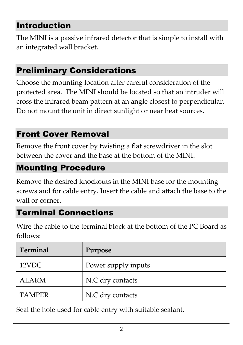 Introduction, Preliminary considerations, Front cover removal | Mounting procedure, Terminal connections | RISCO Group RK-308 User Manual | Page 2 / 8