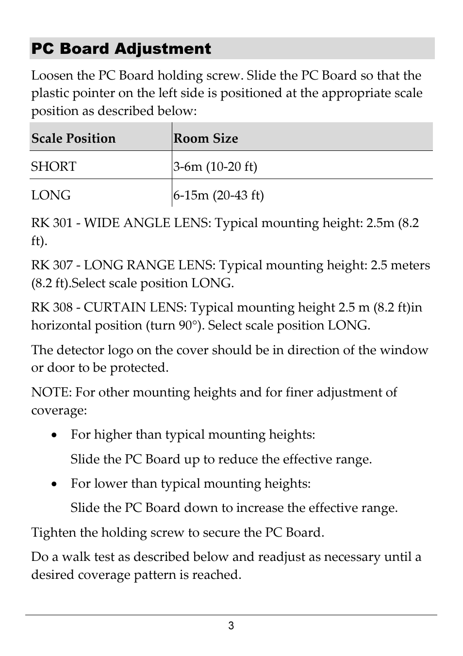 Pc board adjustment | RISCO Group RK-308 User Manual | Page 3 / 8