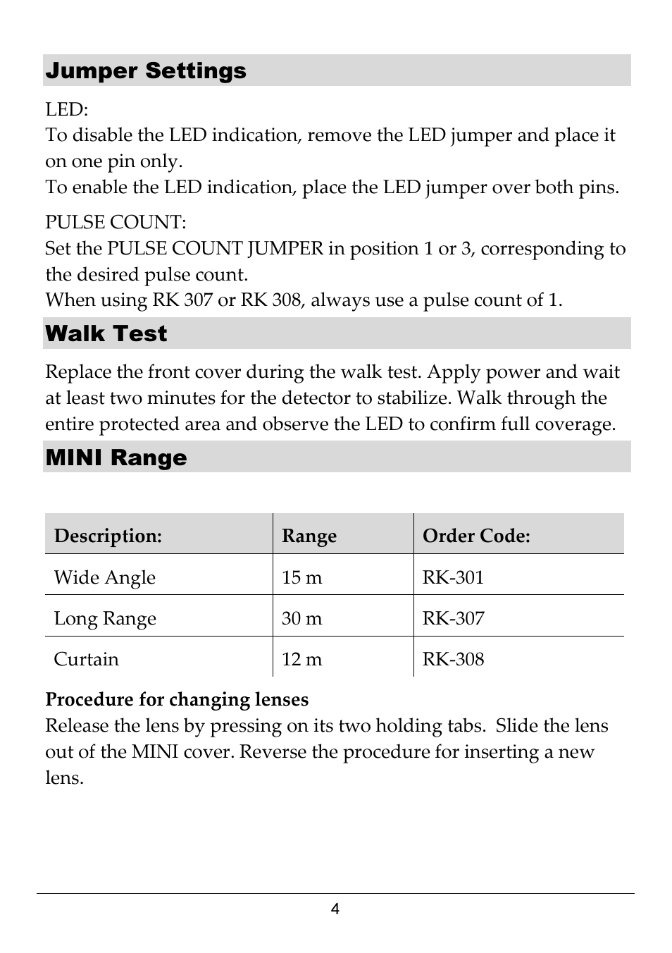 Jumper settings, Walk test, Mini range | RISCO Group RK-308 User Manual | Page 4 / 8