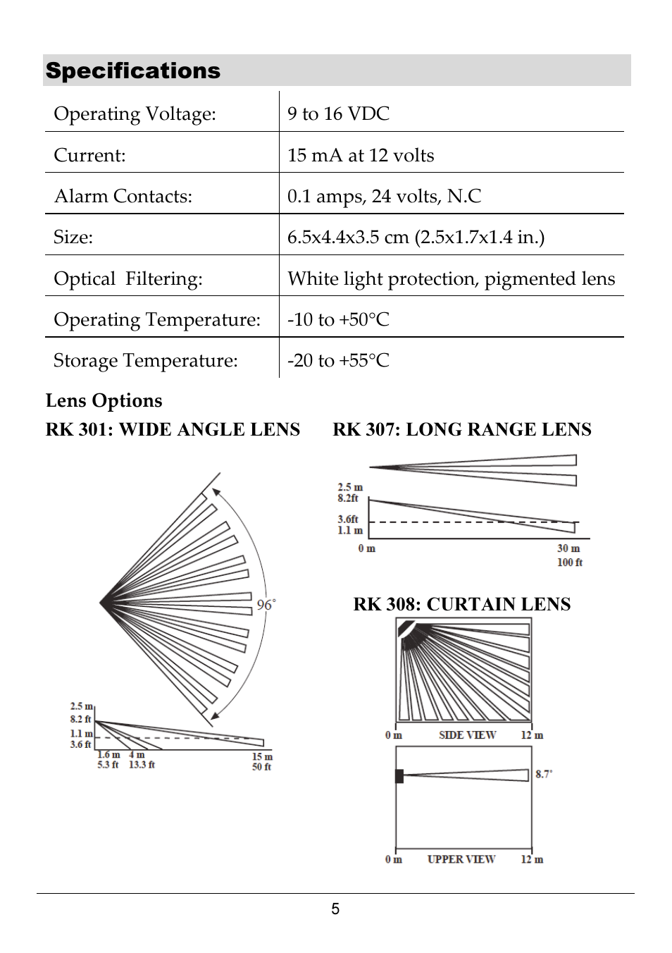 Specifications | RISCO Group RK-308 User Manual | Page 5 / 8