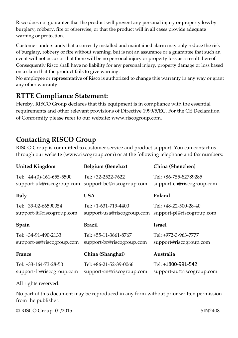 Rtte compliance statement, Contacting risco group | RISCO Group RK-308 User Manual | Page 8 / 8