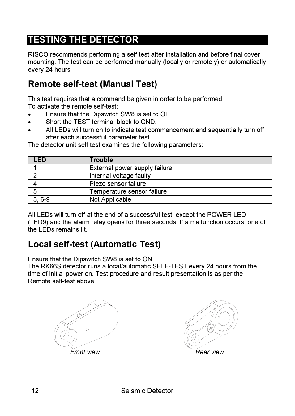 Testing the detector, Remote self-test (manual test), Local self-test (automatic test) | RISCO Group SEISMIC Detector RK66S User Manual | Page 12 / 60
