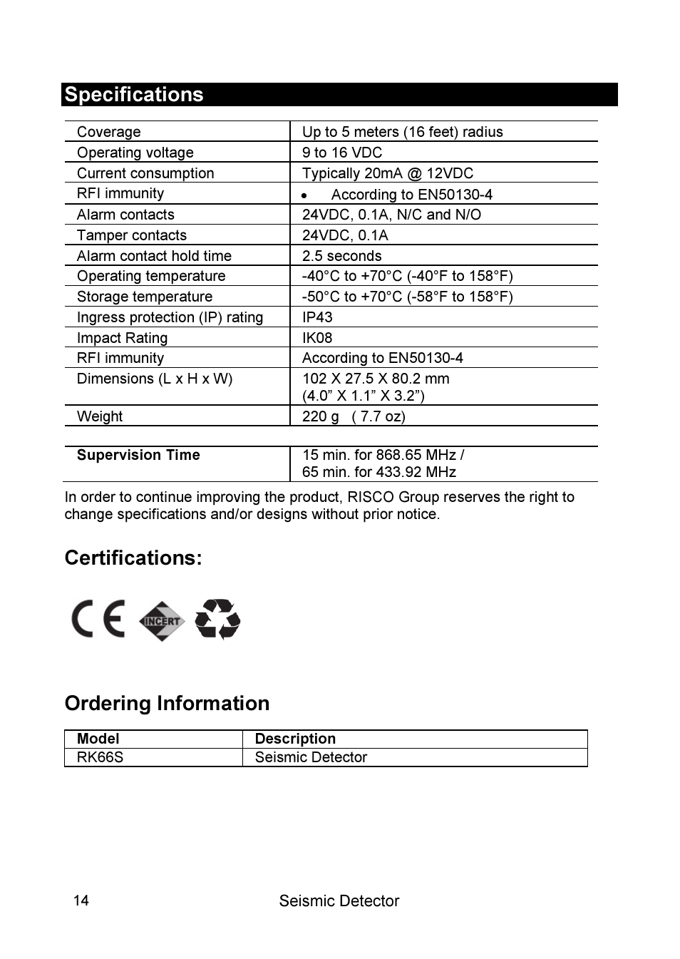 Specifications, Certifications: ordering information | RISCO Group SEISMIC Detector RK66S User Manual | Page 14 / 60