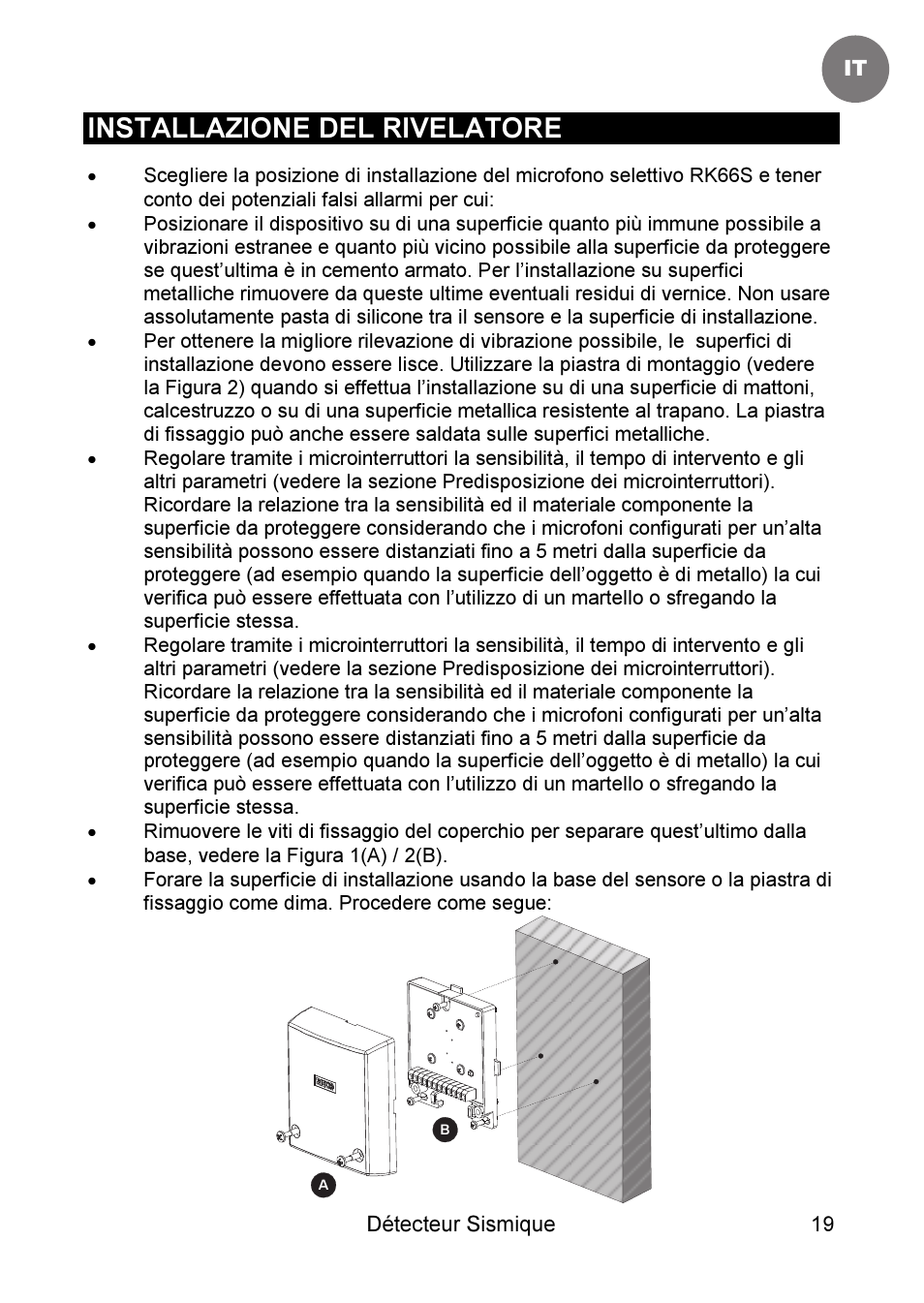 Installazione del rivelatore | RISCO Group SEISMIC Detector RK66S User Manual | Page 19 / 60