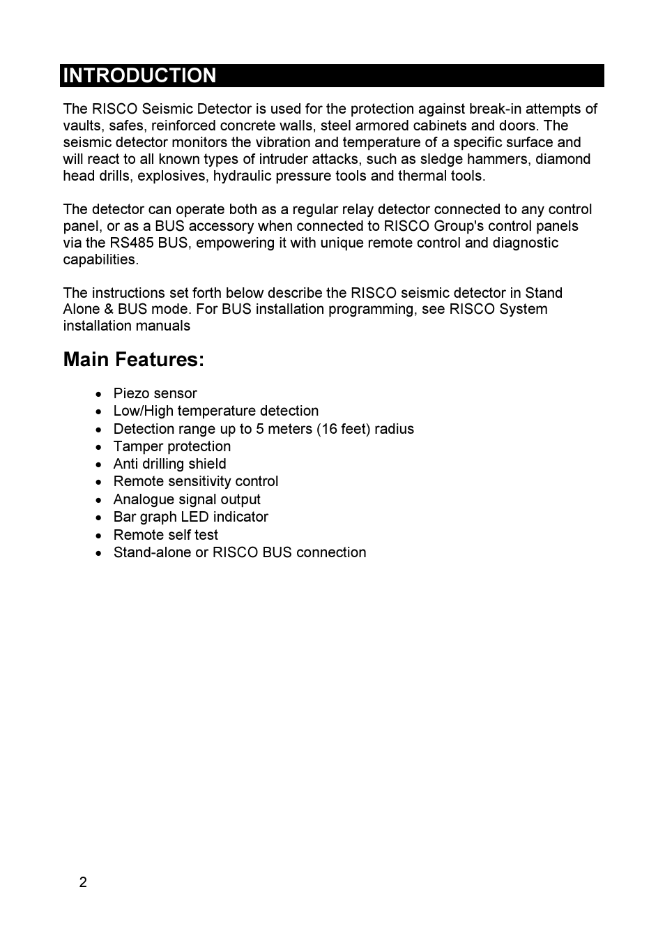 Introduction, Main features | RISCO Group SEISMIC Detector RK66S User Manual | Page 2 / 60