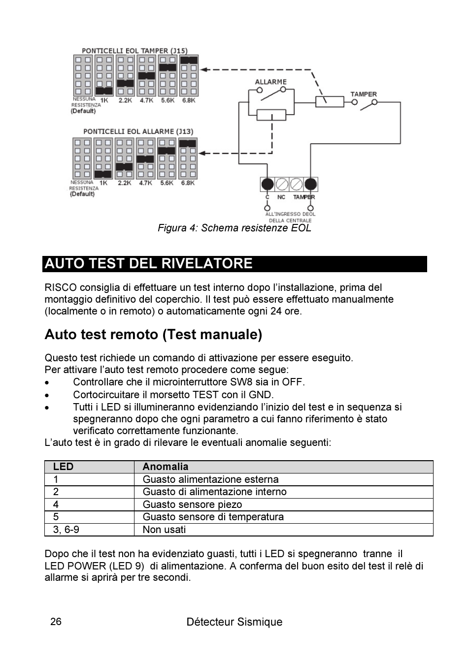 Auto test del rivelatore, Auto test remoto (test manuale) | RISCO Group SEISMIC Detector RK66S User Manual | Page 26 / 60