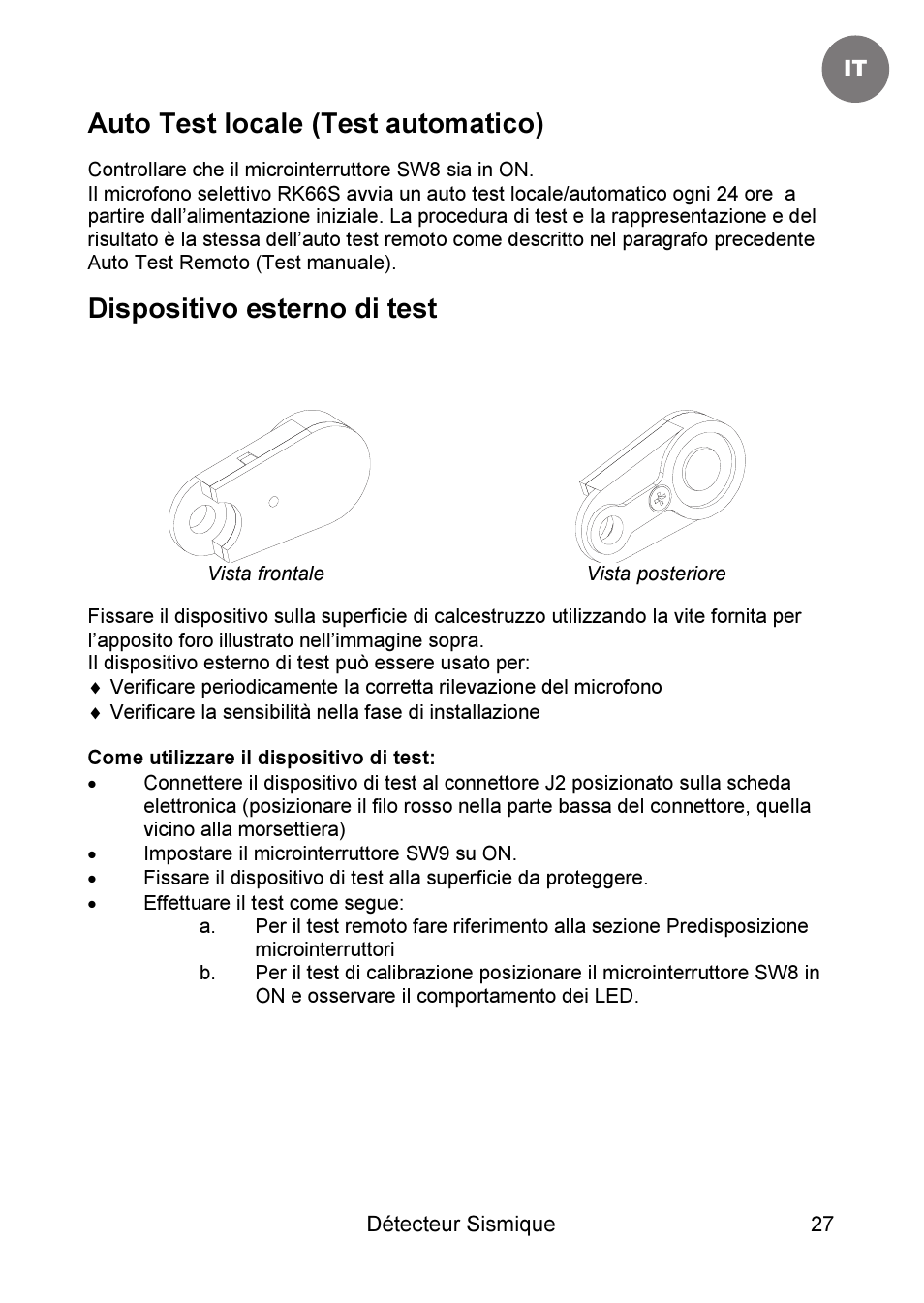 Auto test locale (test automatico), Dispositivo esterno di test | RISCO Group SEISMIC Detector RK66S User Manual | Page 27 / 60