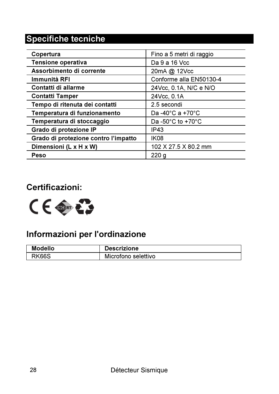 Specifiche tecniche, Certificazioni, Informazioni per l'ordinazione | RISCO Group SEISMIC Detector RK66S User Manual | Page 28 / 60
