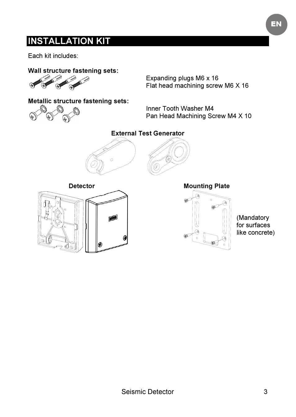 Installation kit | RISCO Group SEISMIC Detector RK66S User Manual | Page 3 / 60