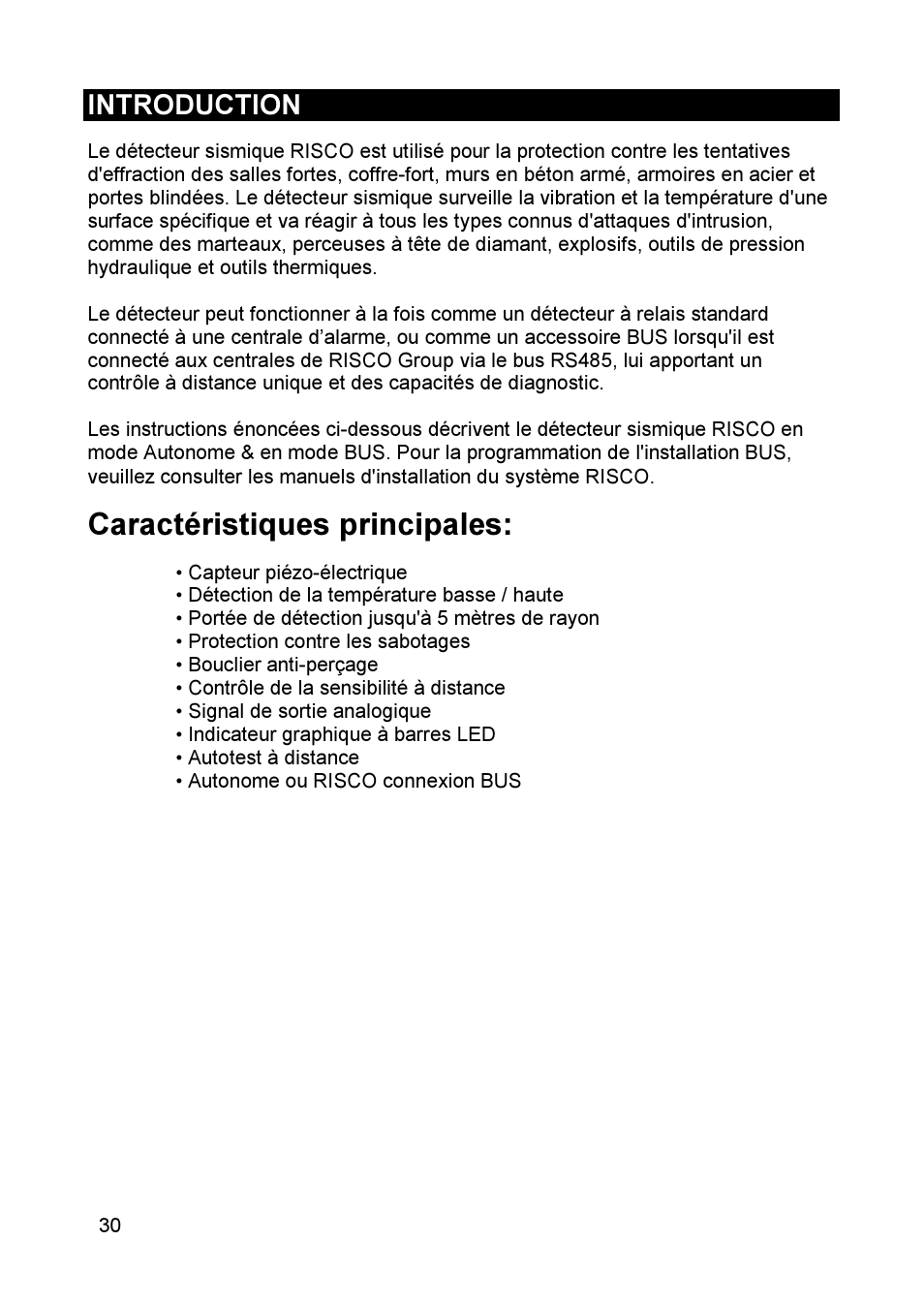 Caractéristiques principales, Introduction | RISCO Group SEISMIC Detector RK66S User Manual | Page 30 / 60
