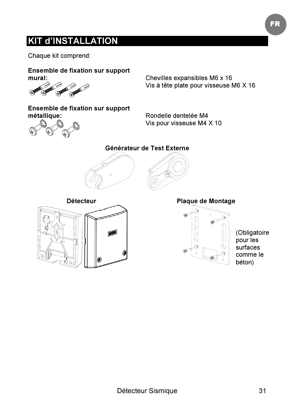 Kit d’installation | RISCO Group SEISMIC Detector RK66S User Manual | Page 31 / 60