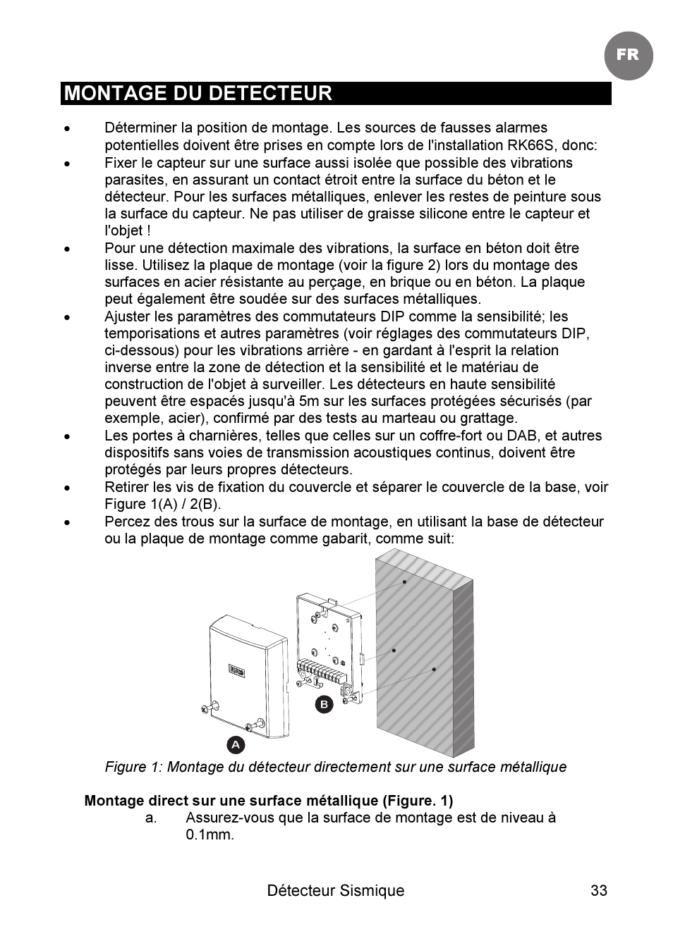 Montage du detecteur | RISCO Group SEISMIC Detector RK66S User Manual | Page 33 / 60