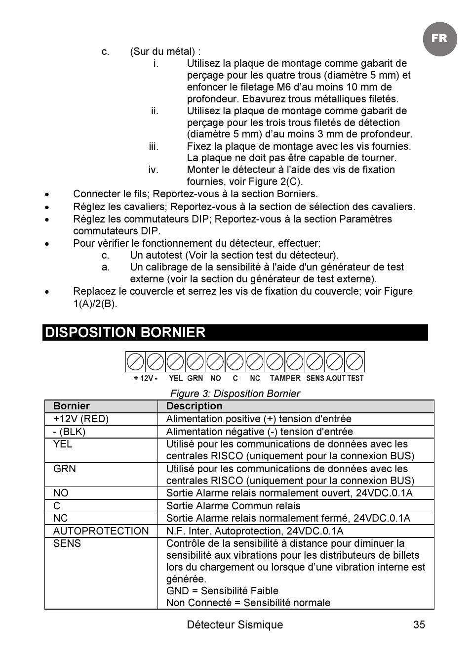 Disposition bornier | RISCO Group SEISMIC Detector RK66S User Manual | Page 35 / 60
