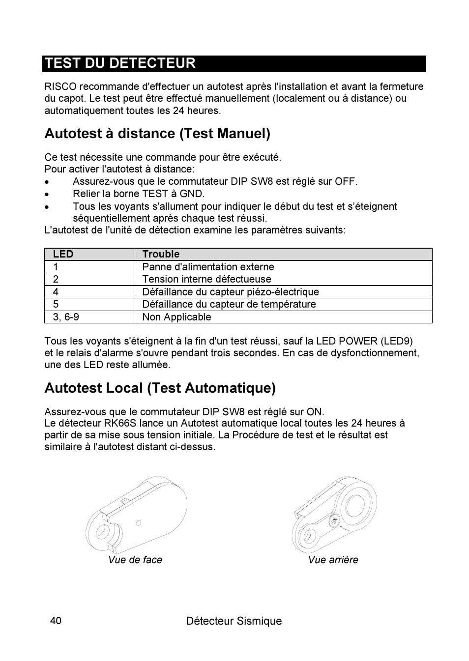 Test du detecteur, Autotest à distance (test manuel), Autotest local (test automatique) | RISCO Group SEISMIC Detector RK66S User Manual | Page 40 / 60