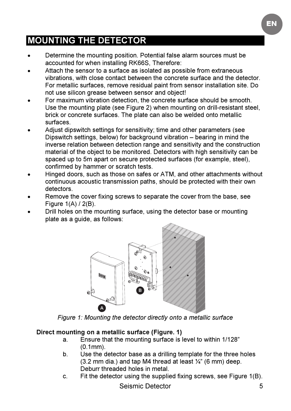 Mounting the detector | RISCO Group SEISMIC Detector RK66S User Manual | Page 5 / 60