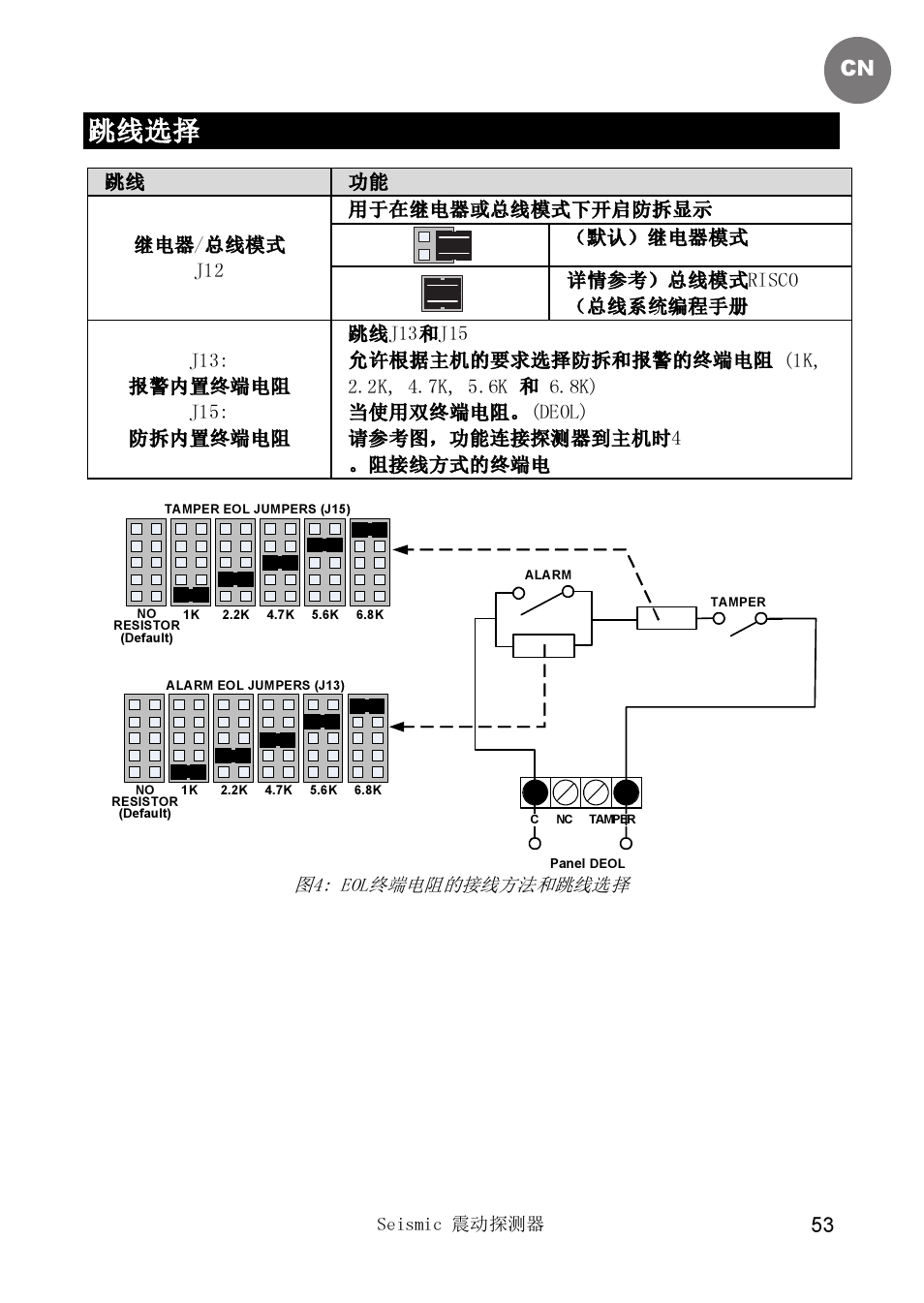 跳线选择 | RISCO Group SEISMIC Detector RK66S User Manual | Page 53 / 60