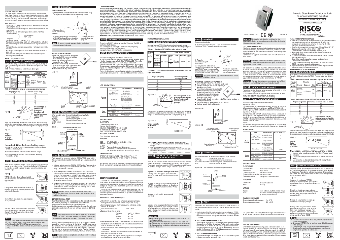 RISCO Group VitronPlus Acoustic Glass Break Detector User Manual | 2 pages