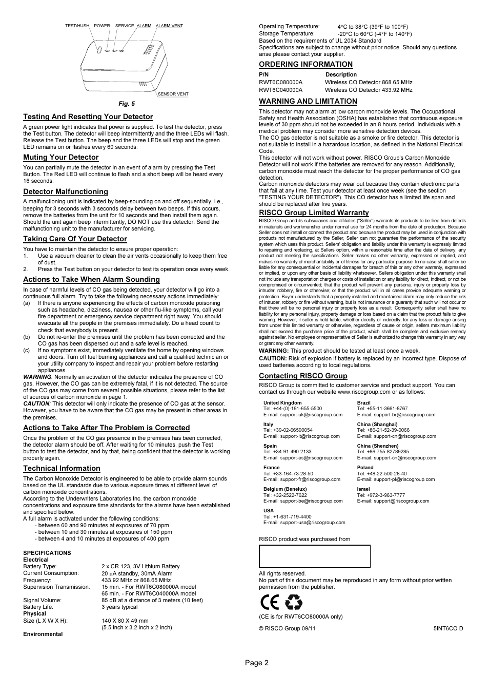 RISCO Group WL Carbon Monoxide User Manual | Page 2 / 2