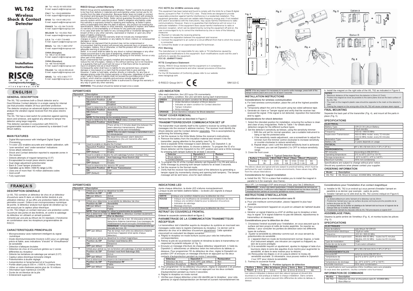 RISCO Group WL Shock & Contact Detector WL T62 User Manual | 2 pages