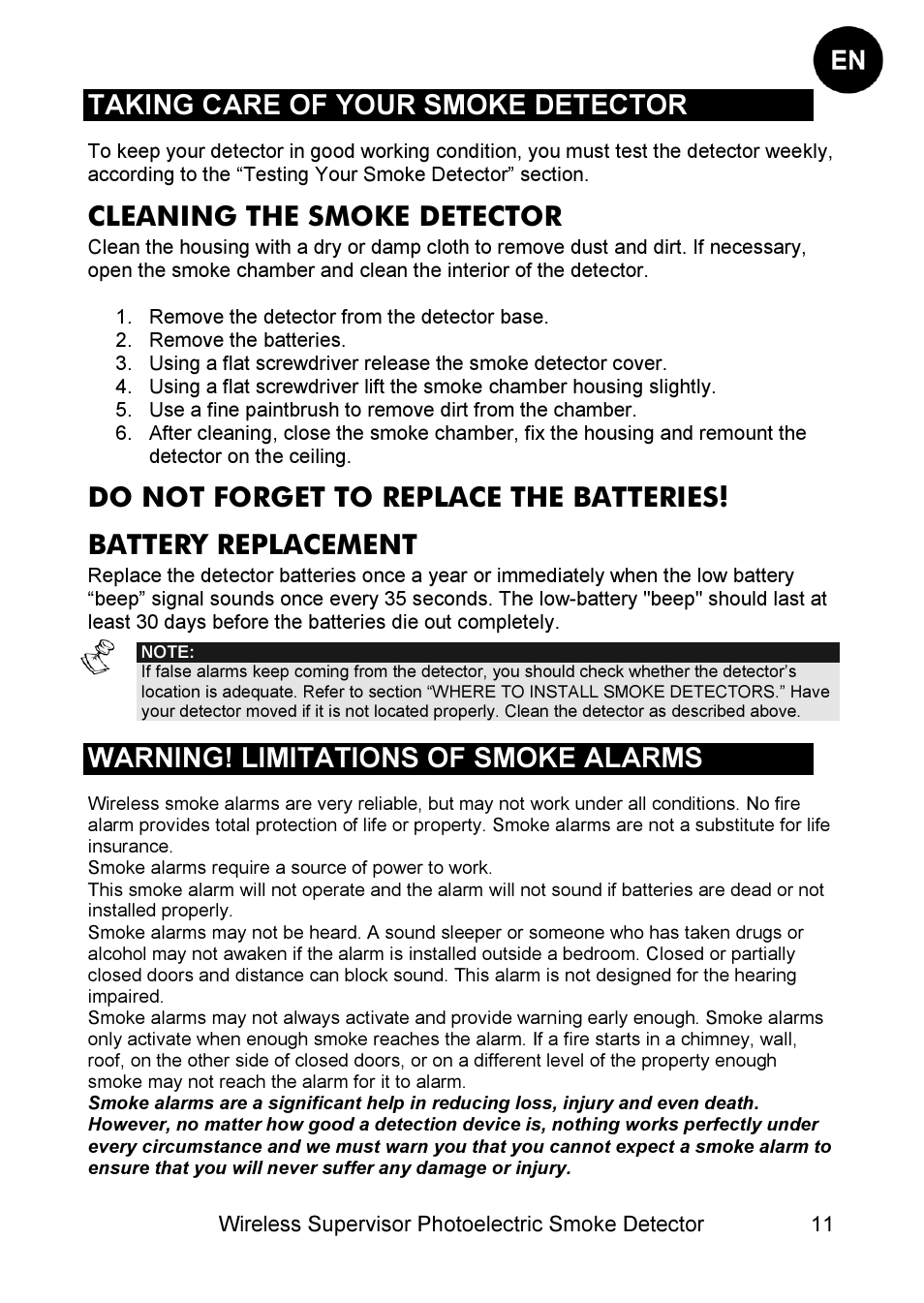 Taking care of your smoke detector, Cleaning the smoke detector, Warning! limitations of smoke alarms | RISCO Group WL Supervised Smoke User Manual | Page 11 / 56
