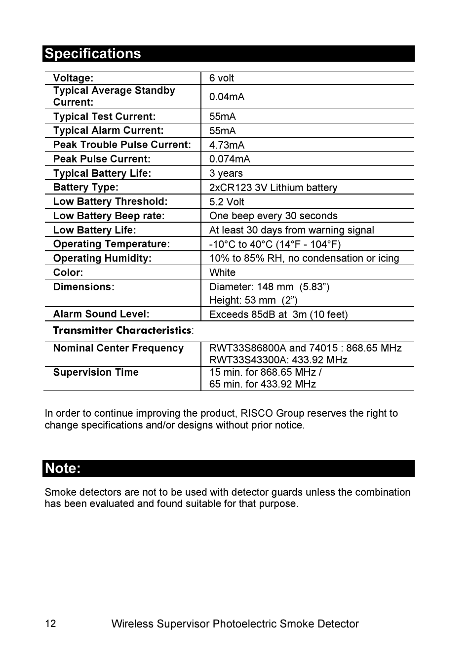Specifications | RISCO Group WL Supervised Smoke User Manual | Page 12 / 56