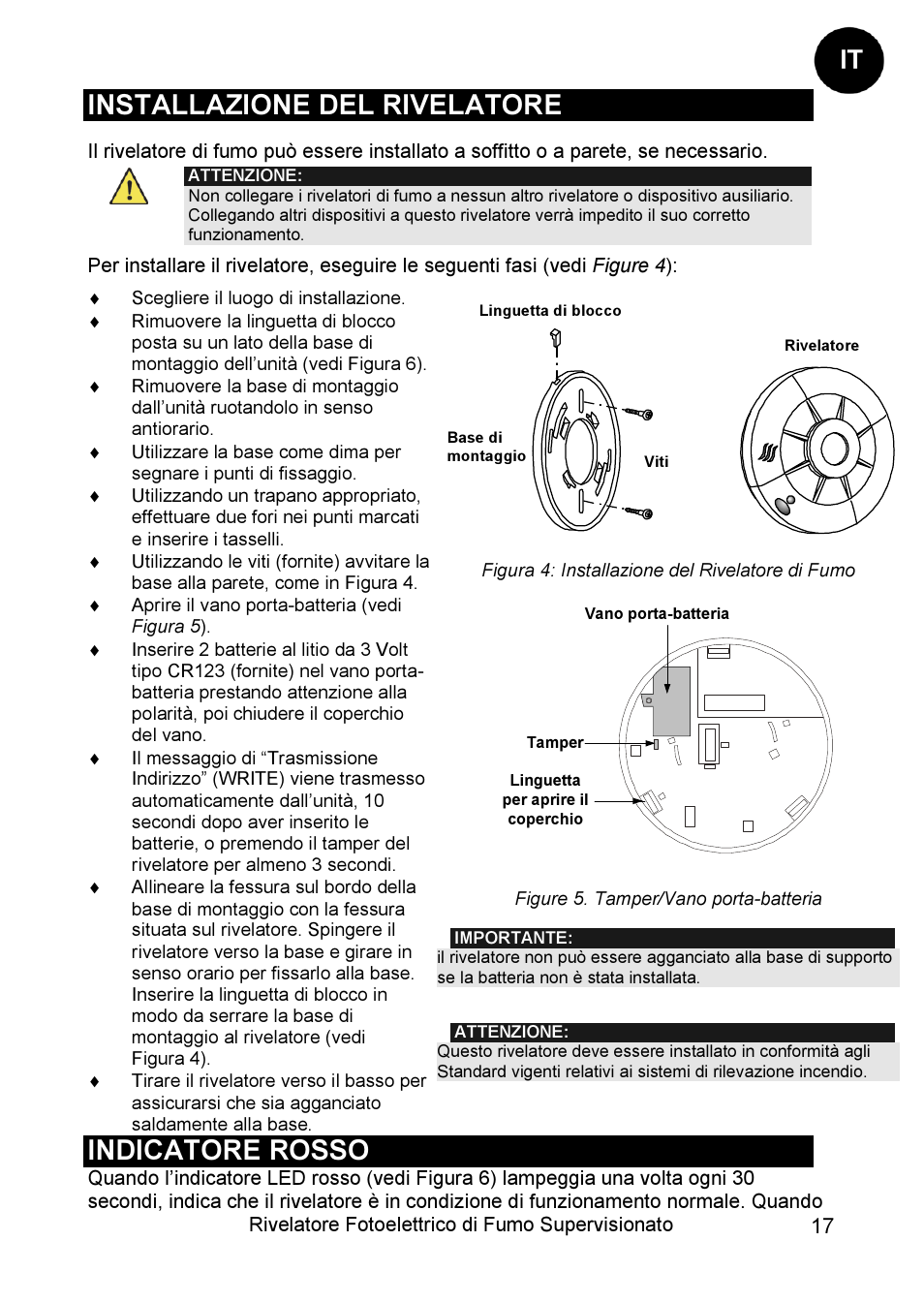 Installazione del rivelatore, Indicatore rosso | RISCO Group WL Supervised Smoke User Manual | Page 17 / 56