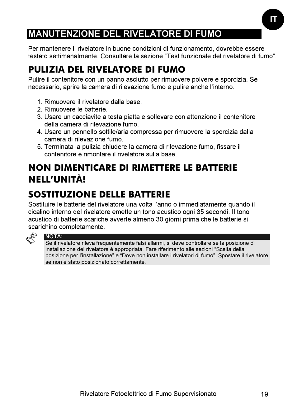 Manutenzione del rivelatore di fumo, Pulizia del rivelatore di fumo | RISCO Group WL Supervised Smoke User Manual | Page 19 / 56
