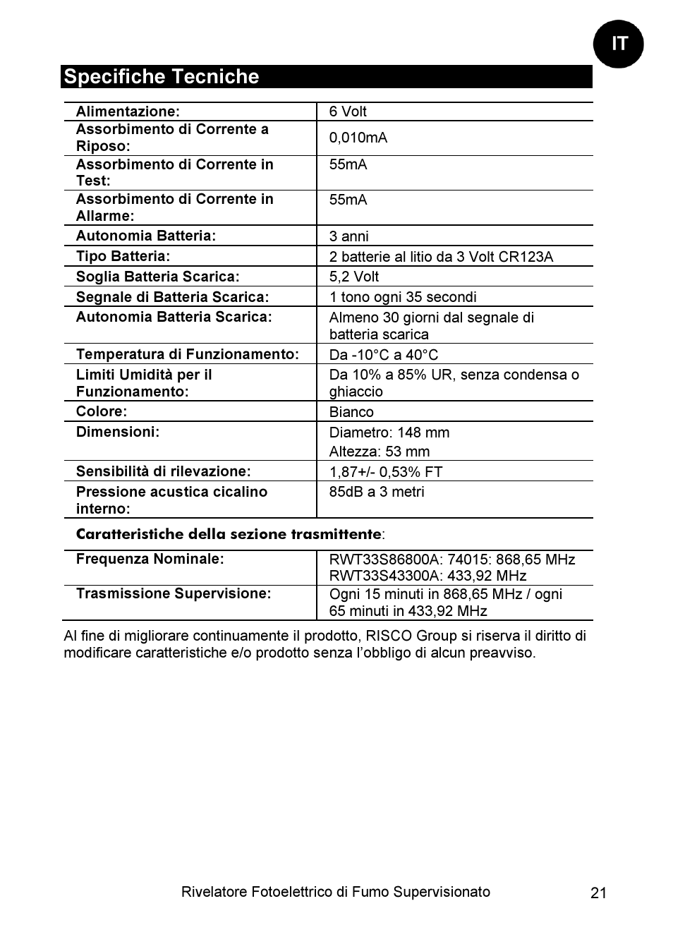 Specifiche tecniche | RISCO Group WL Supervised Smoke User Manual | Page 21 / 56