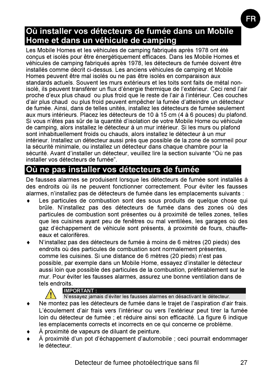 Où ne pas installer vos détecteurs de fumée | RISCO Group WL Supervised Smoke User Manual | Page 27 / 56