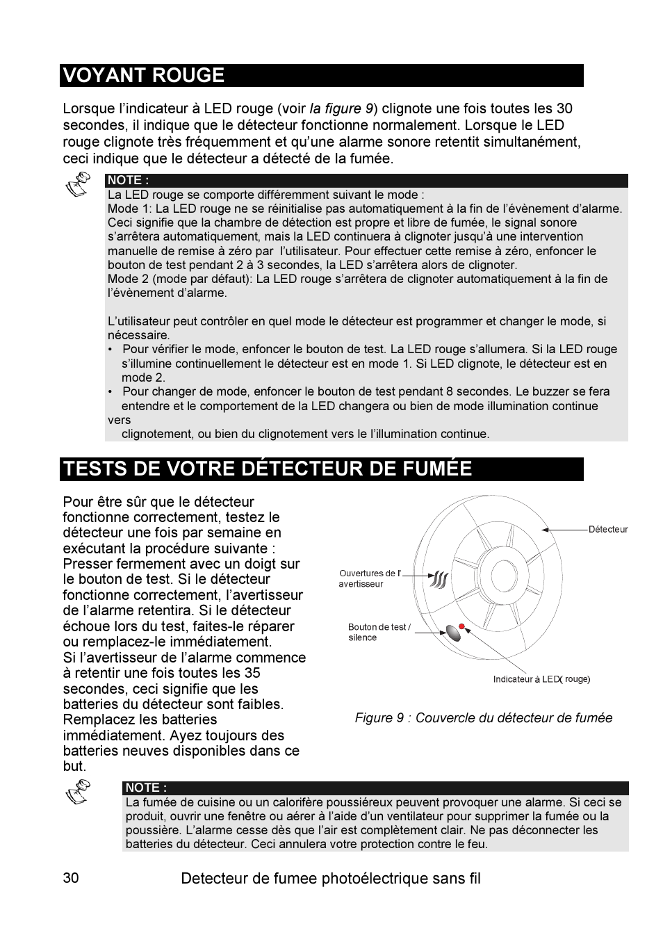 Voyant rouge, Tests de votre détecteur de fumée | RISCO Group WL Supervised Smoke User Manual | Page 30 / 56