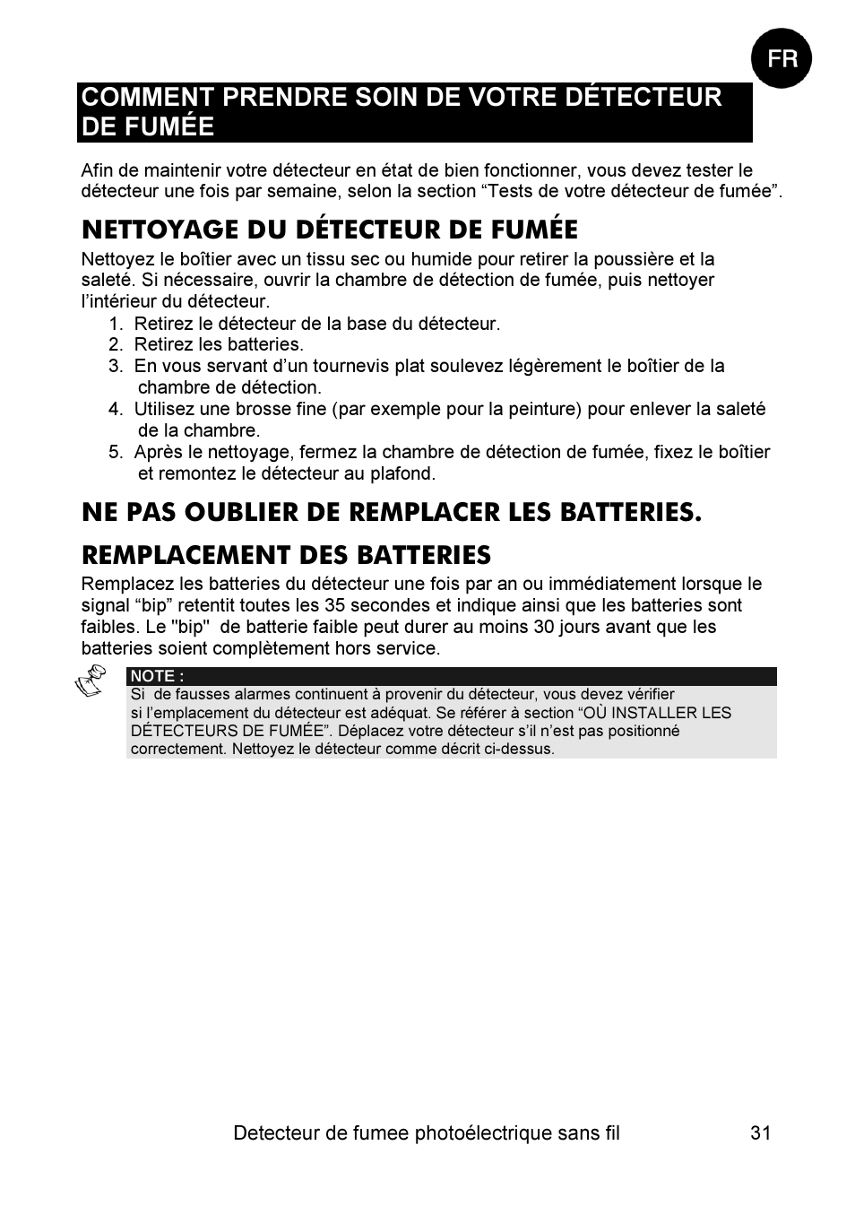 Comment prendre soin de votre détecteur de fumée, Nettoyage du détecteur de fumée | RISCO Group WL Supervised Smoke User Manual | Page 31 / 56